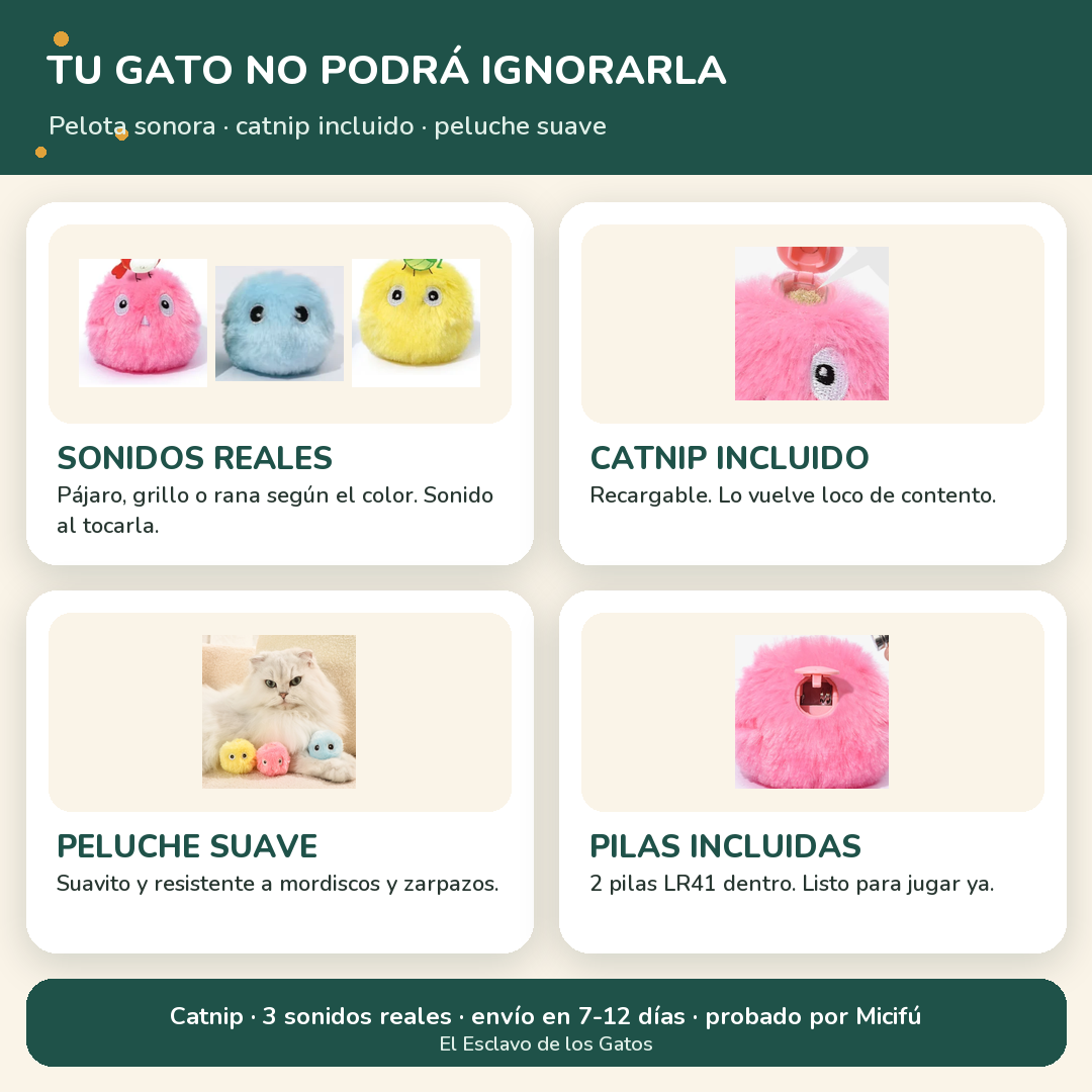 Infografía: sonidos reales, catnip incluido, peluche suave, pilas incluidas
